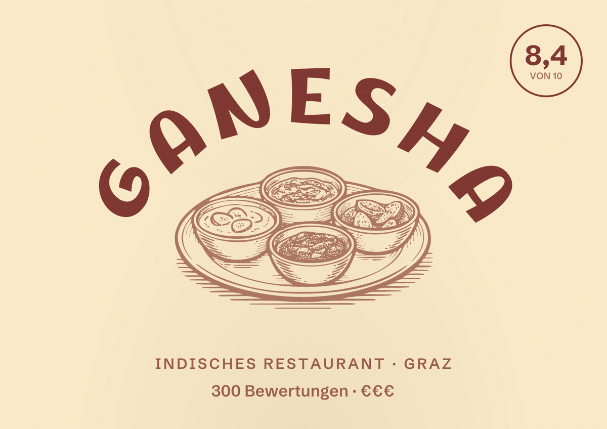 Illustriertes Poster von Ganesha, Indisches Restaurant in Graz: Bewertung 8,4 von 10 aus 300 Bewertungen, Preisniveau €€€