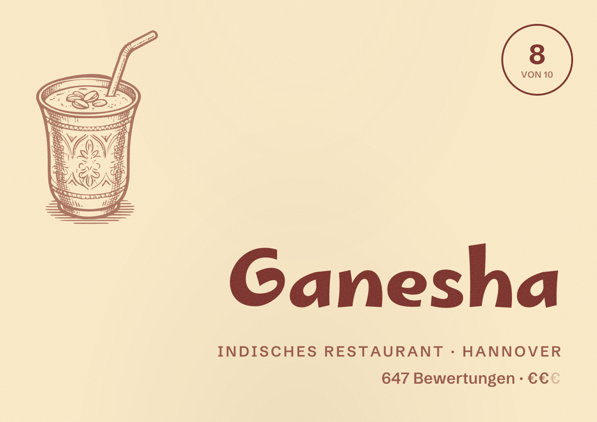 Illustriertes Poster von Ganesha, Indisches Restaurant in Hannover: Bewertung 8,0 von 10 aus 647 Bewertungen, Preisniveau €€