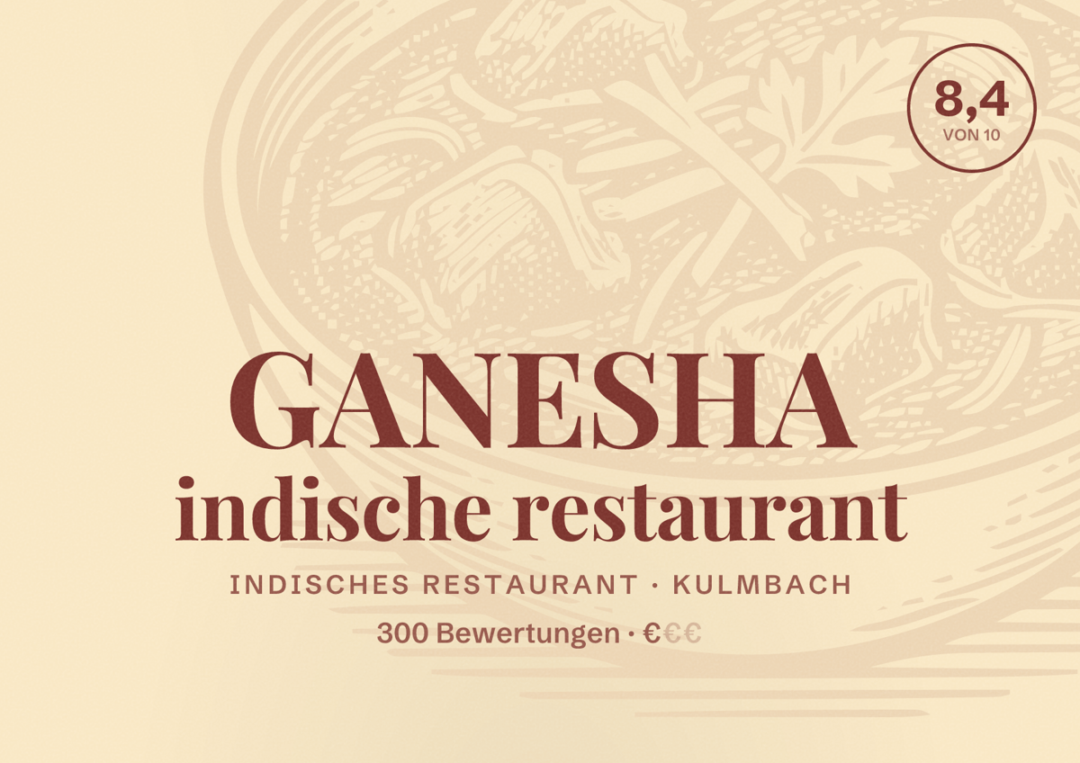 Illustriertes Poster von GANESHA indische restaurant, Indisches Restaurant in Kulmbach: Bewertung 8,4 von 10 aus 300 Bewertungen, Preisniveau €