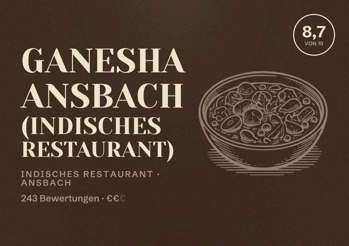 Illustriertes Poster von Ganesha Ansbach (Indisches Restaurant), Indisches Restaurant in Ansbach: Bewertung 8,7 von 10 aus 243 Bewertungen, Preisniveau €€