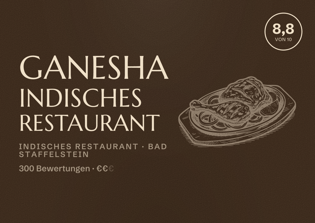 Illustriertes Poster von Ganesha Indisches Restaurant, Indisches Restaurant in Bad Staffelstein: Bewertung 8,8 von 10 aus 300 Bewertungen, Preisniveau €€