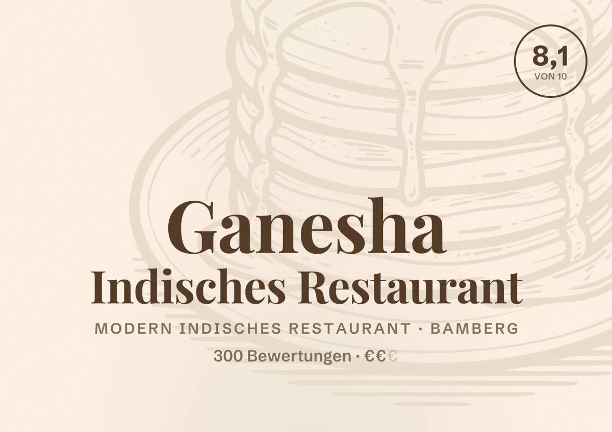 Illustriertes Poster von Ganesha Indisches Restaurant, Modern indisches Restaurant in Bamberg: Bewertung 8,1 von 10 aus 300 Bewertungen, Preisniveau €€