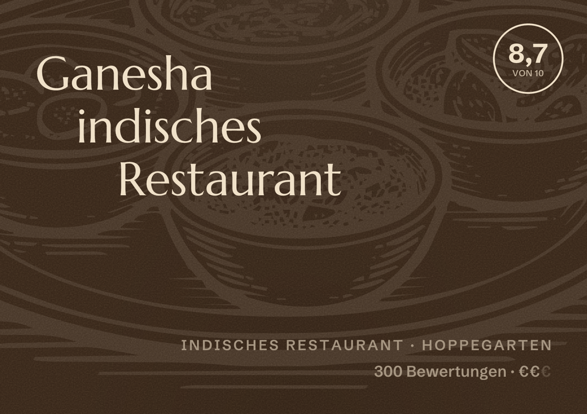 Illustriertes Poster von Ganesha indisches Restaurant, Indisches Restaurant in Hoppegarten: Bewertung 8,7 von 10 aus 300 Bewertungen, Preisniveau €€