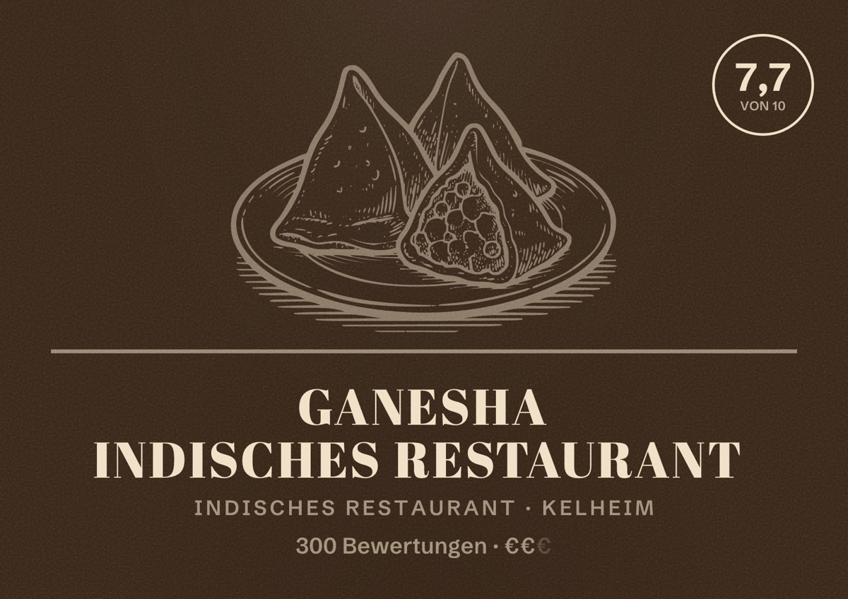 Illustriertes Poster von Ganesha Indisches Restaurant, Indisches Restaurant in Kelheim: Bewertung 7,7 von 10 aus 300 Bewertungen, Preisniveau €€