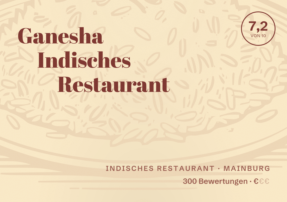 Illustriertes Poster von Ganesha Indisches Restaurant, Indisches Restaurant in Mainburg: Bewertung 7,2 von 10 aus 300 Bewertungen, Preisniveau €