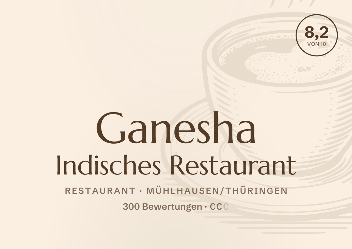 Illustriertes Poster von Ganesha Indisches Restaurant, Restaurant in Mühlhausen/Thüringen: Bewertung 8,2 von 10 aus 300 Bewertungen, Preisniveau €€