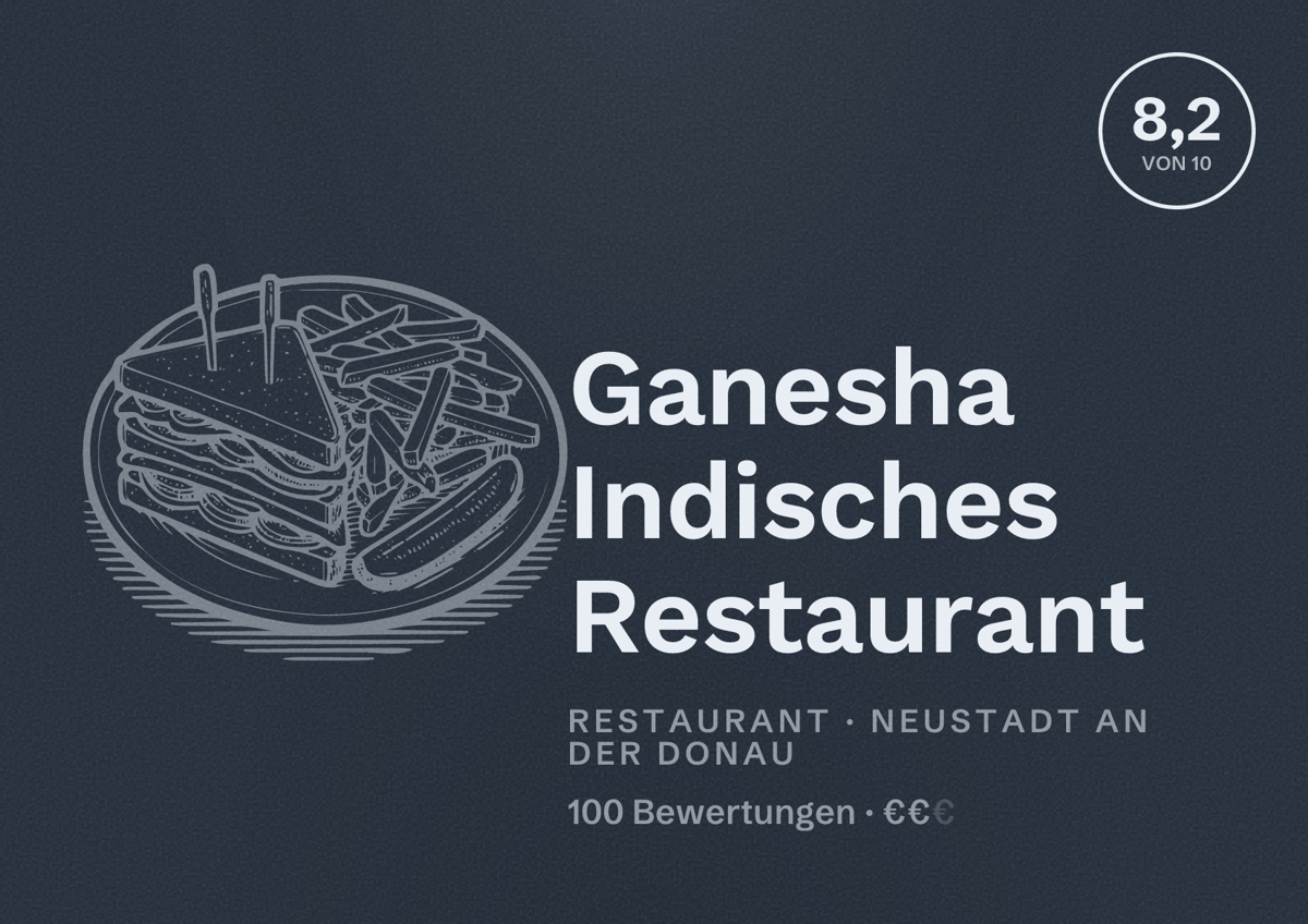 Illustriertes Poster von Ganesha Indisches Restaurant, Restaurant in Neustadt an der Donau: Bewertung 8,2 von 10 aus 100 Bewertungen, Preisniveau €€