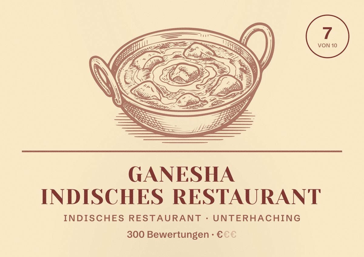 Illustriertes Poster von Ganesha Indisches Restaurant, Indisches Restaurant in Unterhaching: Bewertung 7 von 10 aus 300 Bewertungen, Preisniveau €