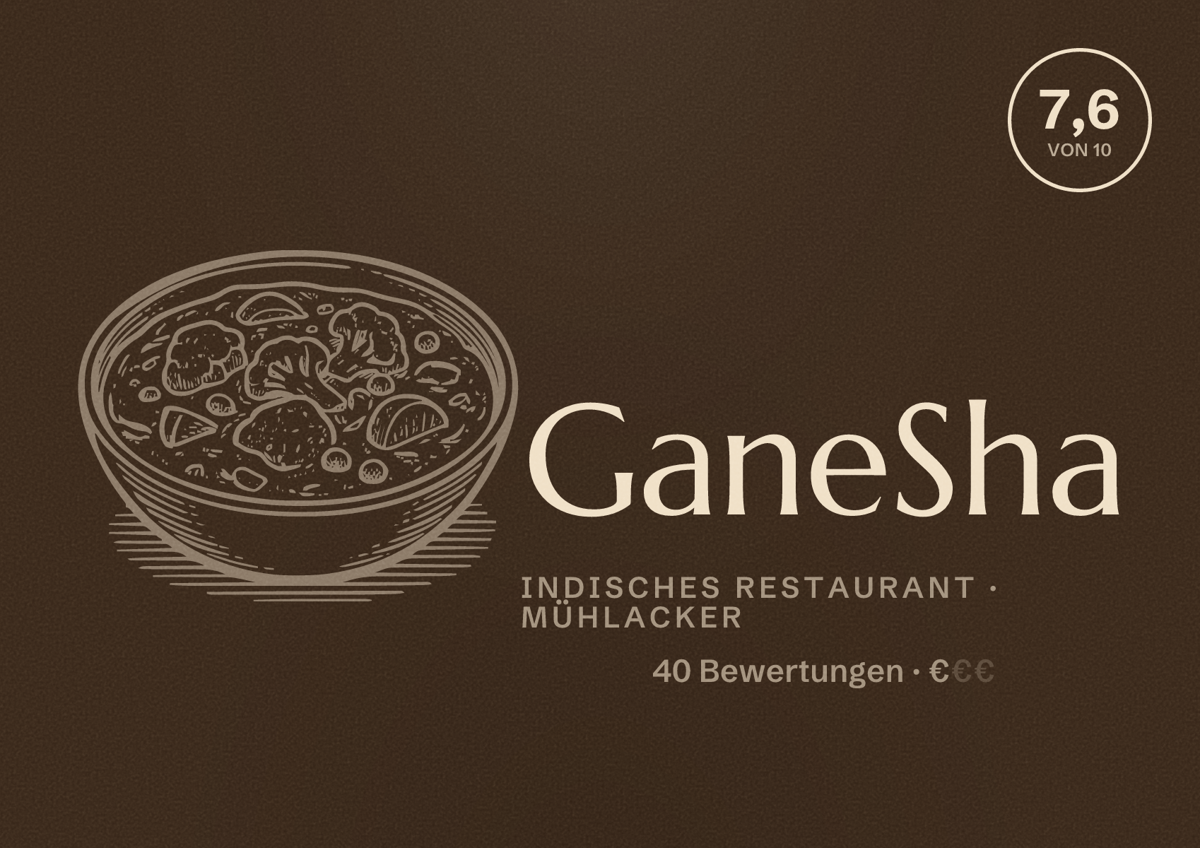 Illustriertes Poster von GaneSha, Indisches Restaurant in Mühlacker: Bewertung 7,6 von 10 aus 40 Bewertungen, Preisniveau €