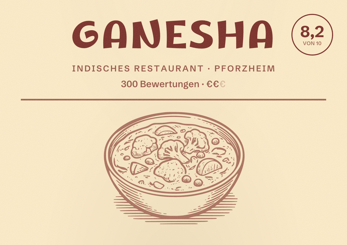 Illustriertes Poster von Ganesha, Indisches Restaurant in Pforzheim: Bewertung 8,2 von 10 aus 300 Bewertungen, Preisniveau €€