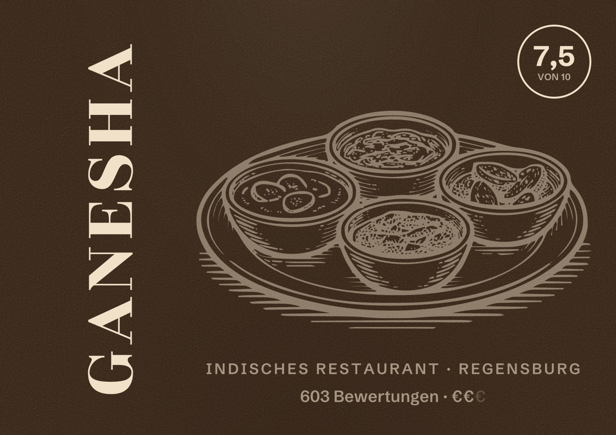 Illustriertes Poster von Ganesha, Indisches Restaurant in Regensburg: Bewertung 7,5 von 10 aus 603 Bewertungen, Preisniveau €€
