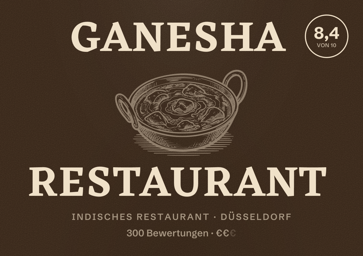 Illustriertes Poster von Ganesha Restaurant, Indisches Restaurant in Düsseldorf: Bewertung 8,4 von 10 aus 300 Bewertungen, Preisniveau €€
