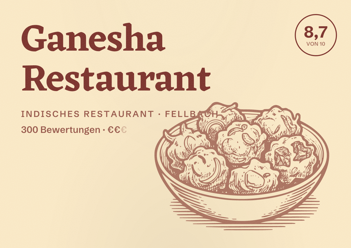 Illustriertes Poster von Ganesha Restaurant, Indisches Restaurant in Fellbach: Bewertung 8,7 von 10 aus 300 Bewertungen, Preisniveau €€