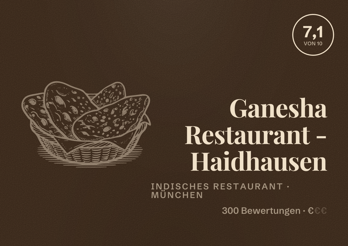 Illustriertes Poster von Ganesha Restaurant - Haidhausen, Indisches Restaurant in München: Bewertung 7,1 von 10 aus 300 Bewertungen, Preisniveau €