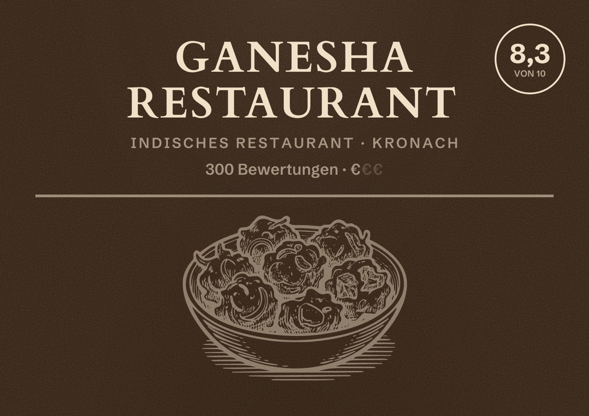 Illustriertes Poster von Ganesha Restaurant, Indisches Restaurant in Kronach: Bewertung 8,3 von 10 aus 300 Bewertungen, Preisniveau €