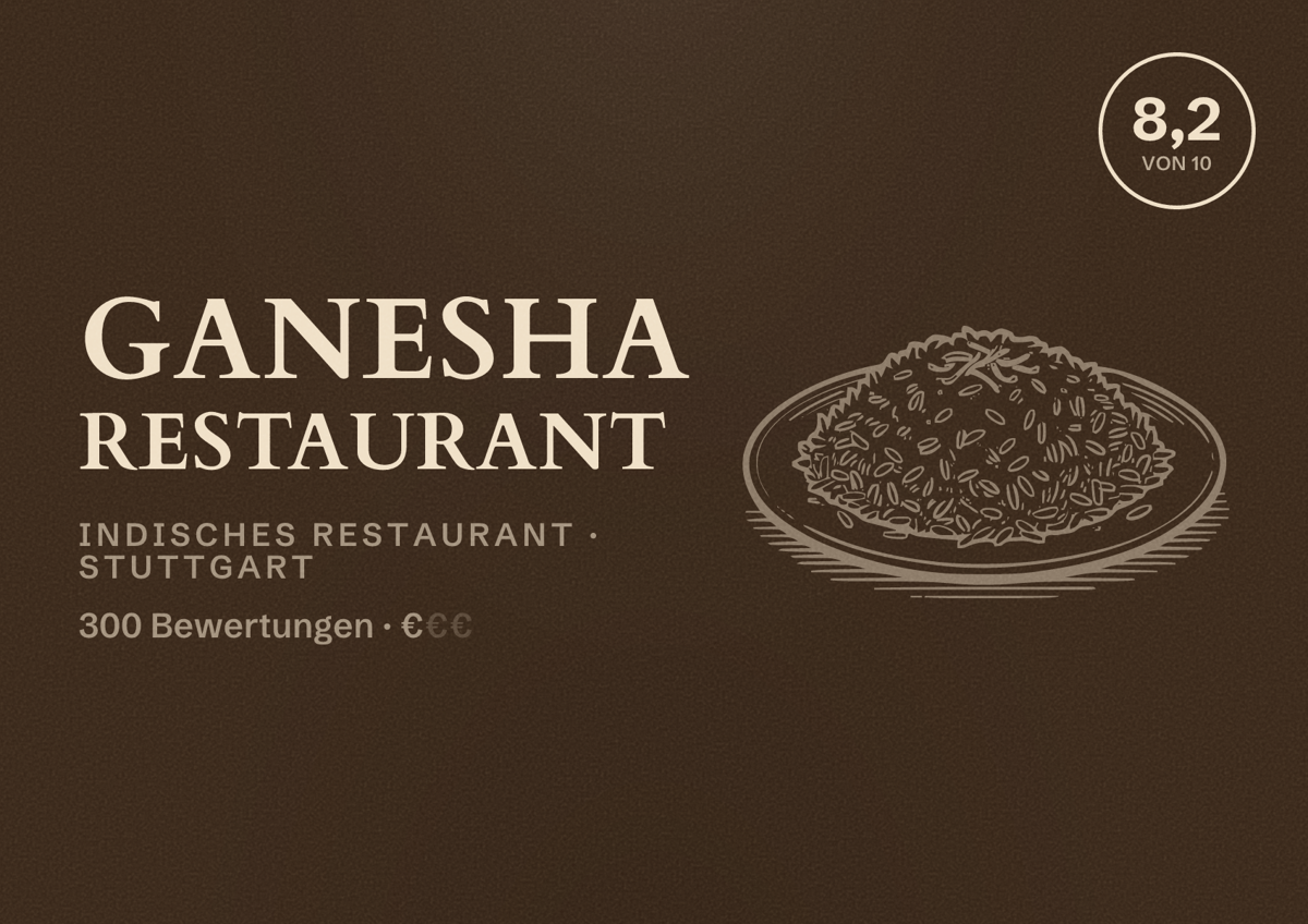 Illustriertes Poster von Ganesha Restaurant, Indisches Restaurant in Stuttgart: Bewertung 8,2 von 10 aus 300 Bewertungen, Preisniveau €