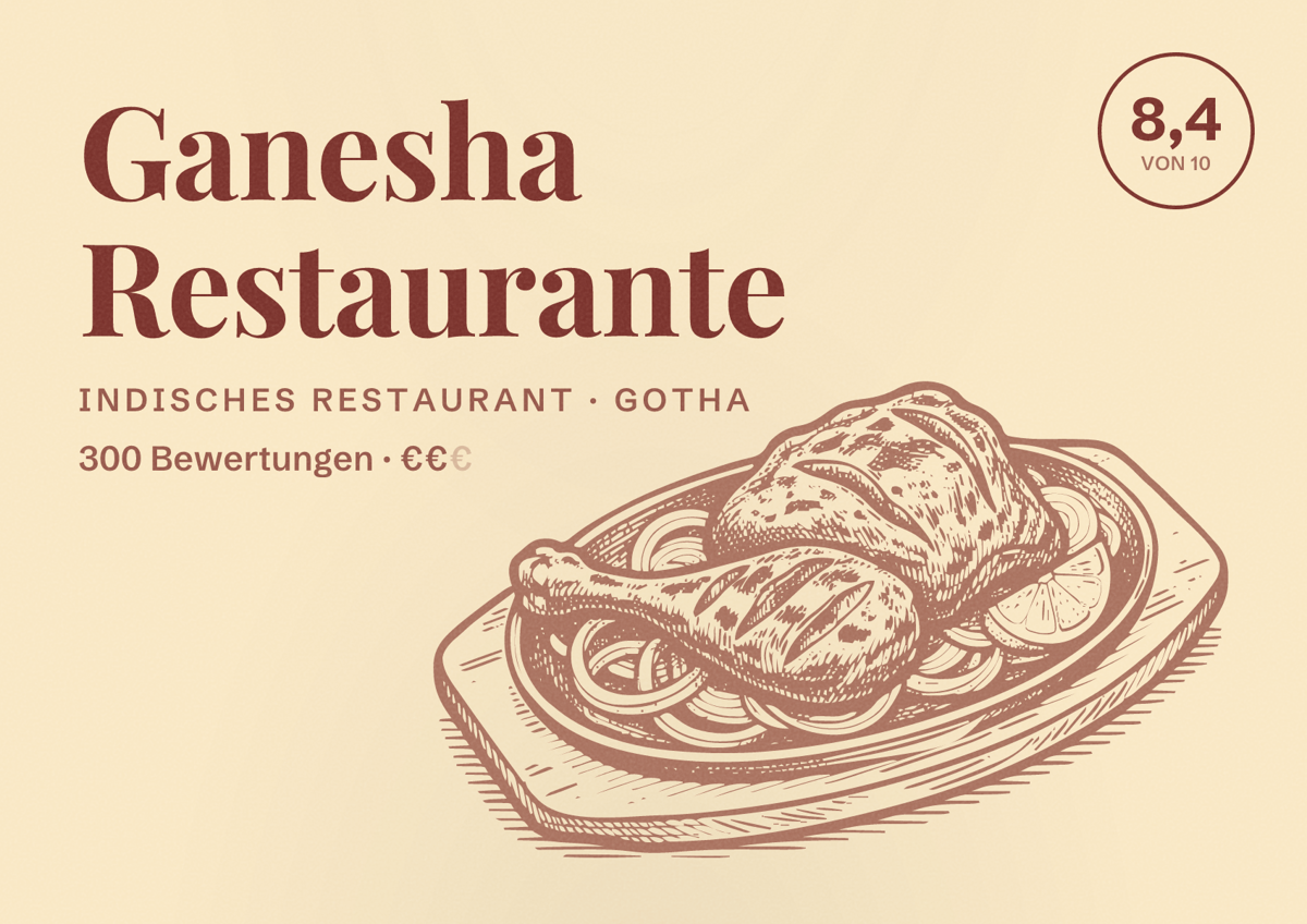 Illustriertes Poster von Ganesha Restaurante, Indisches Restaurant in Gotha: Bewertung 8,4 von 10 aus 300 Bewertungen, Preisniveau €€