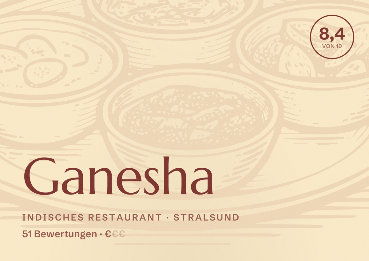 Illustriertes Poster von Ganesha, Indisches Restaurant in Stralsund: Bewertung 8,4 von 10 aus 51 Bewertungen, Preisniveau €