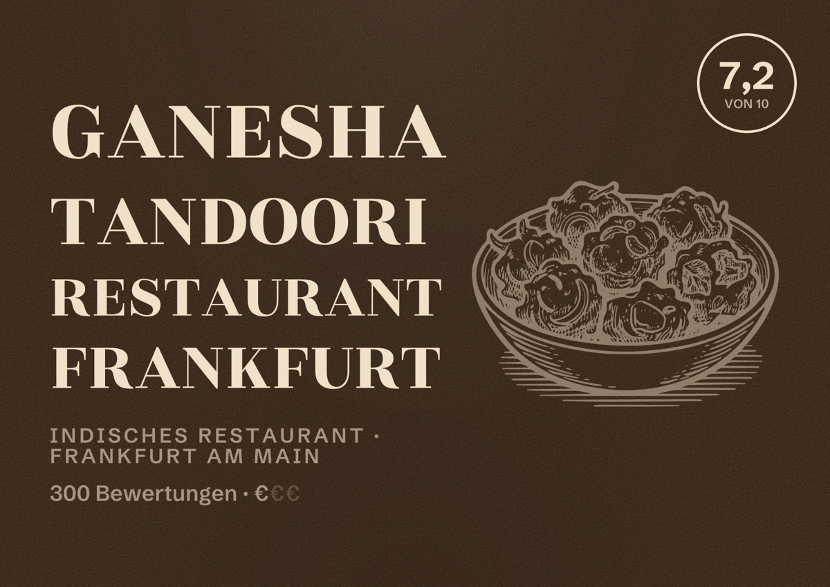 Illustriertes Poster von Ganesha Tandoori Restaurant Frankfurt, Indisches Restaurant in Frankfurt am Main: Bewertung 7,2 von 10 aus 300 Bewertungen, Preisniveau €