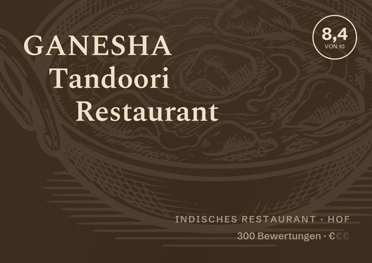 Illustriertes Poster von GANESHA Tandoori Restaurant, Indisches Restaurant in Hof: Bewertung 8,4 von 10 aus 300 Bewertungen, Preisniveau €