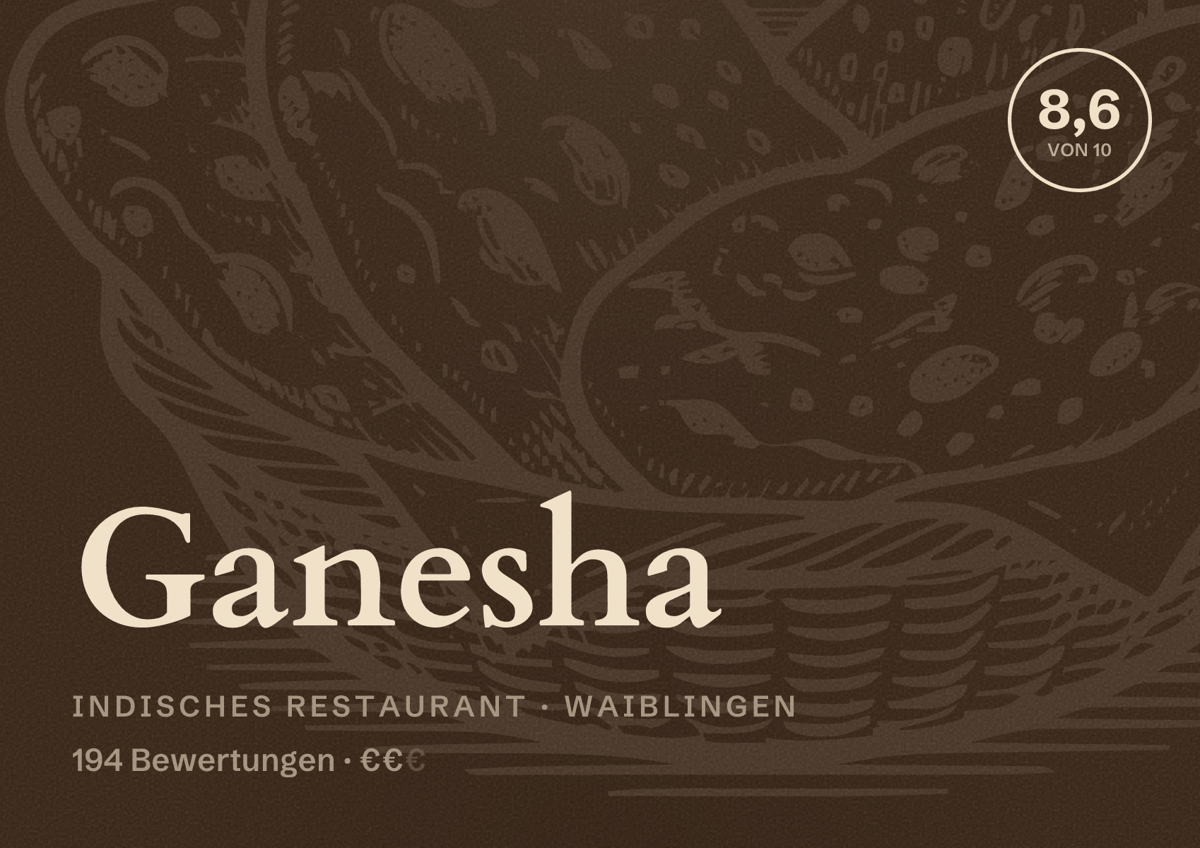 Illustriertes Poster von Ganesha, Indisches Restaurant in Waiblingen: Bewertung 8,6 von 10 aus 194 Bewertungen, Preisniveau €€