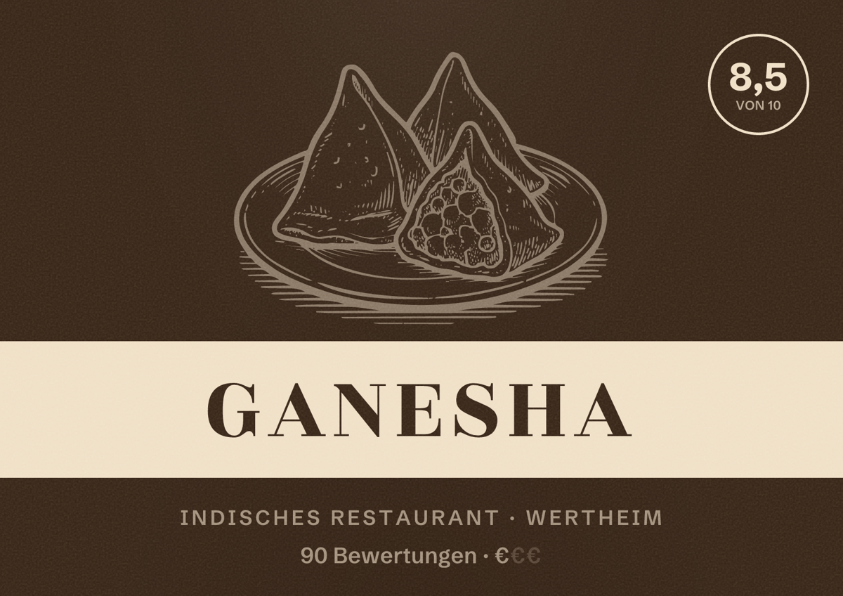 Illustriertes Poster von Ganesha, Indisches Restaurant in Wertheim: Bewertung 8,5 von 10 aus 90 Bewertungen, Preisniveau €
