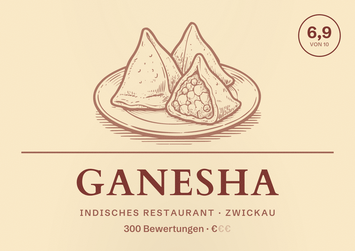 Illustriertes Poster von Ganesha, Indisches Restaurant in Zwickau: Bewertung 6,9 von 10 aus 300 Bewertungen, Preisniveau €