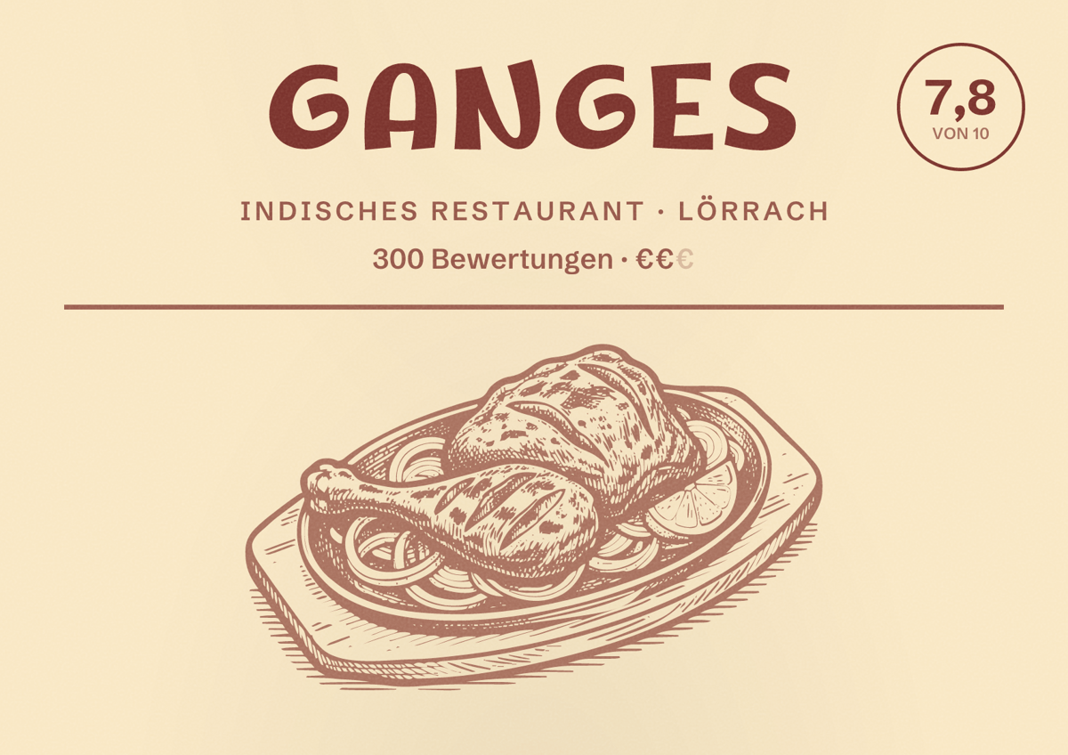 Illustriertes Poster von Ganges, Indisches Restaurant in Lörrach: Bewertung 7,8 von 10 aus 300 Bewertungen, Preisniveau €€