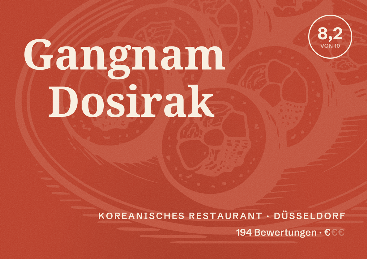 Illustriertes Poster von Gangnam Dosirak, Koreanisches Restaurant in Düsseldorf: Bewertung 8,2 von 10 aus 194 Bewertungen, Preisniveau €