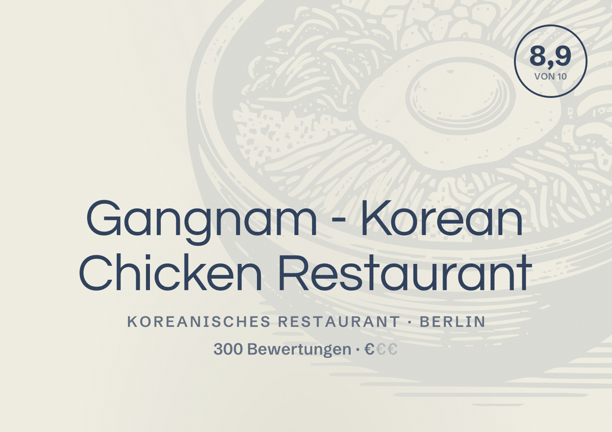 Illustriertes Poster von Gangnam - Korean Chicken Restaurant, Koreanisches Restaurant in Berlin: Bewertung 8,9 von 10 aus 300 Bewertungen, Preisniveau €