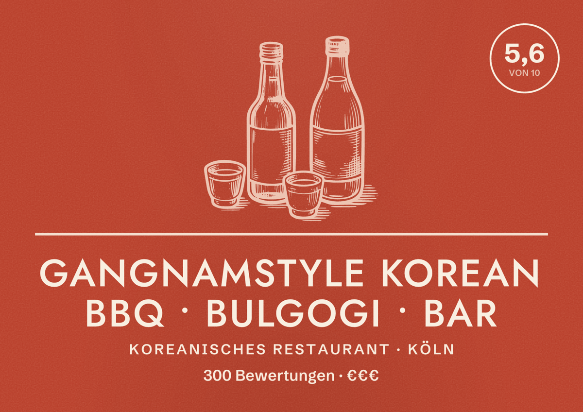 Illustriertes Poster von Gangnamstyle Korean BBQ • Bulgogi • Bar, Koreanisches Restaurant in Köln: Bewertung 5,6 von 10 aus 300 Bewertungen, Preisniveau €€€
