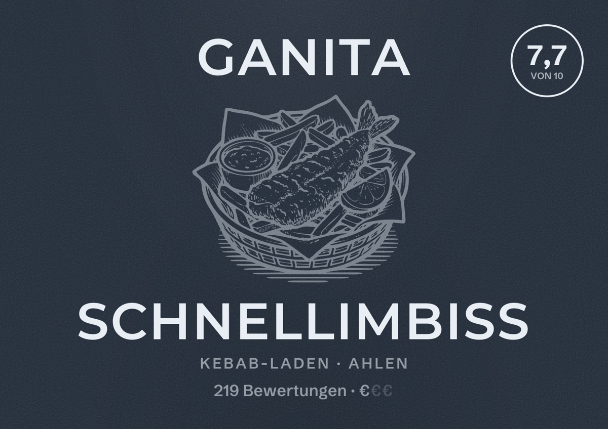 Illustriertes Poster von Ganita Schnellimbiss, Kebab-Laden in Ahlen: Bewertung 7,7 von 10 aus 219 Bewertungen, Preisniveau €