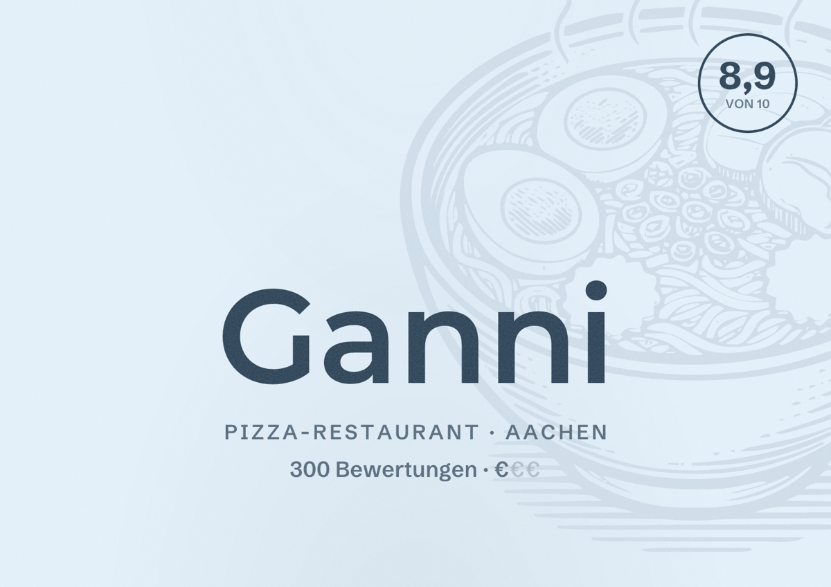 Illustriertes Poster von Ganni, Pizza-Restaurant in Aachen: Bewertung 8,9 von 10 aus 300 Bewertungen, Preisniveau €