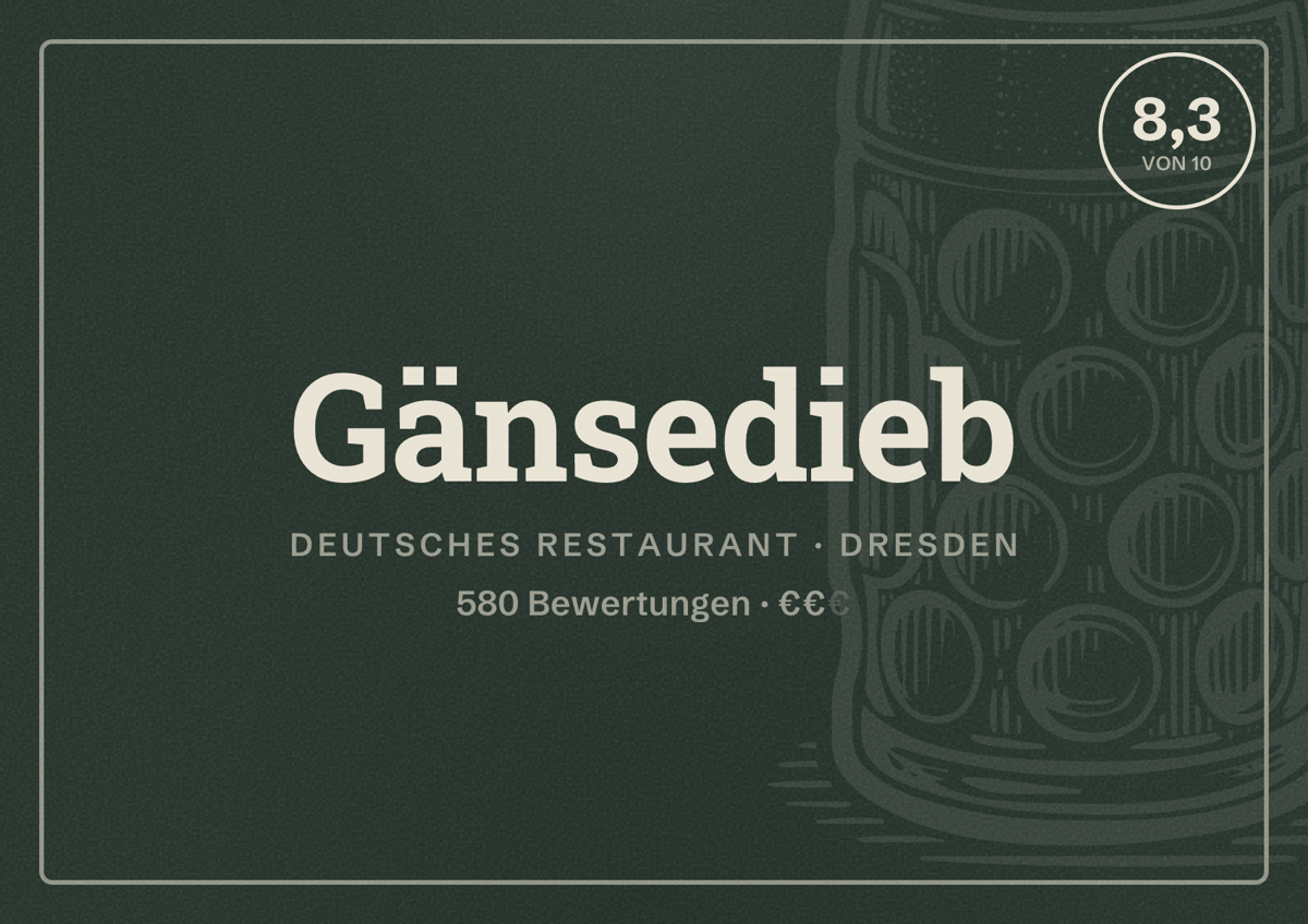 Illustriertes Poster von Gänsedieb, Deutsches Restaurant in Dresden: Bewertung 8,3 von 10 aus 580 Bewertungen, Preisniveau €€