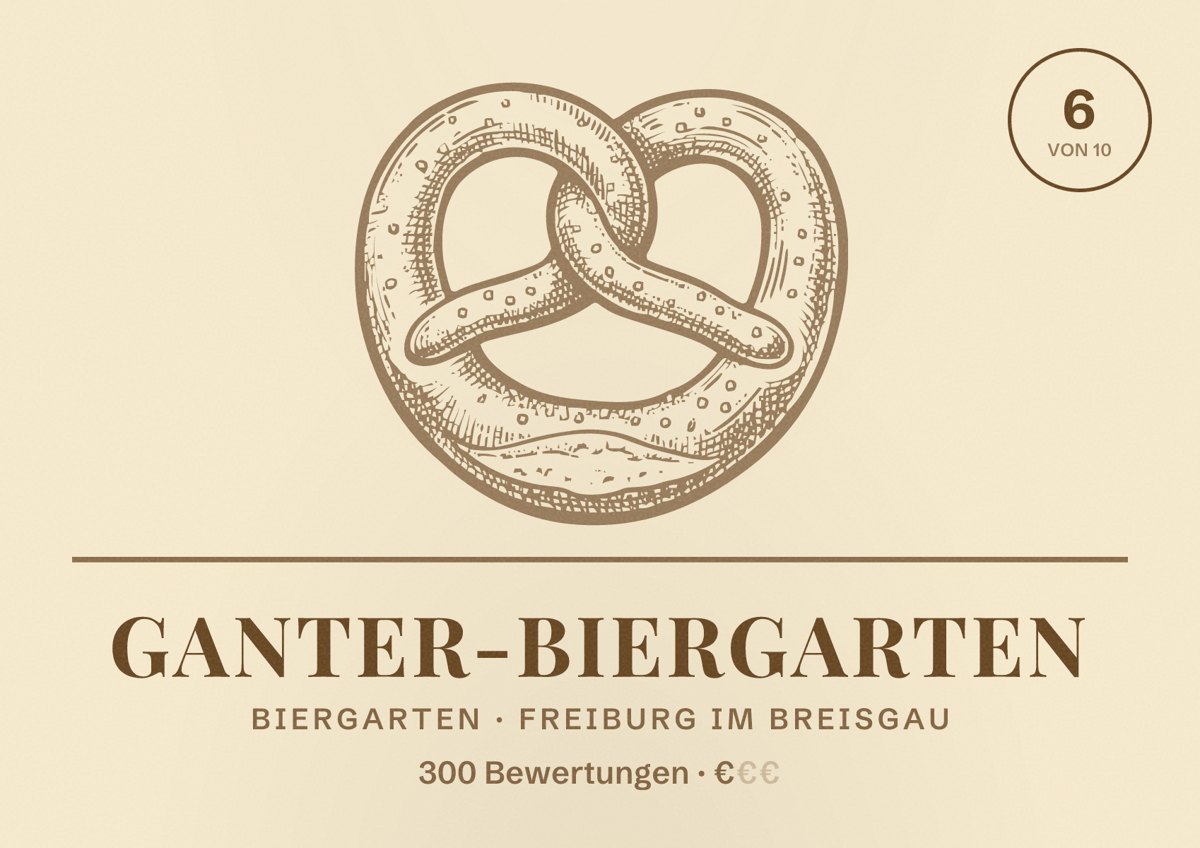 Illustriertes Poster von Ganter-Biergarten, Biergarten in Freiburg im Breisgau: Bewertung 6,0 von 10 aus 300 Bewertungen, Preisniveau €