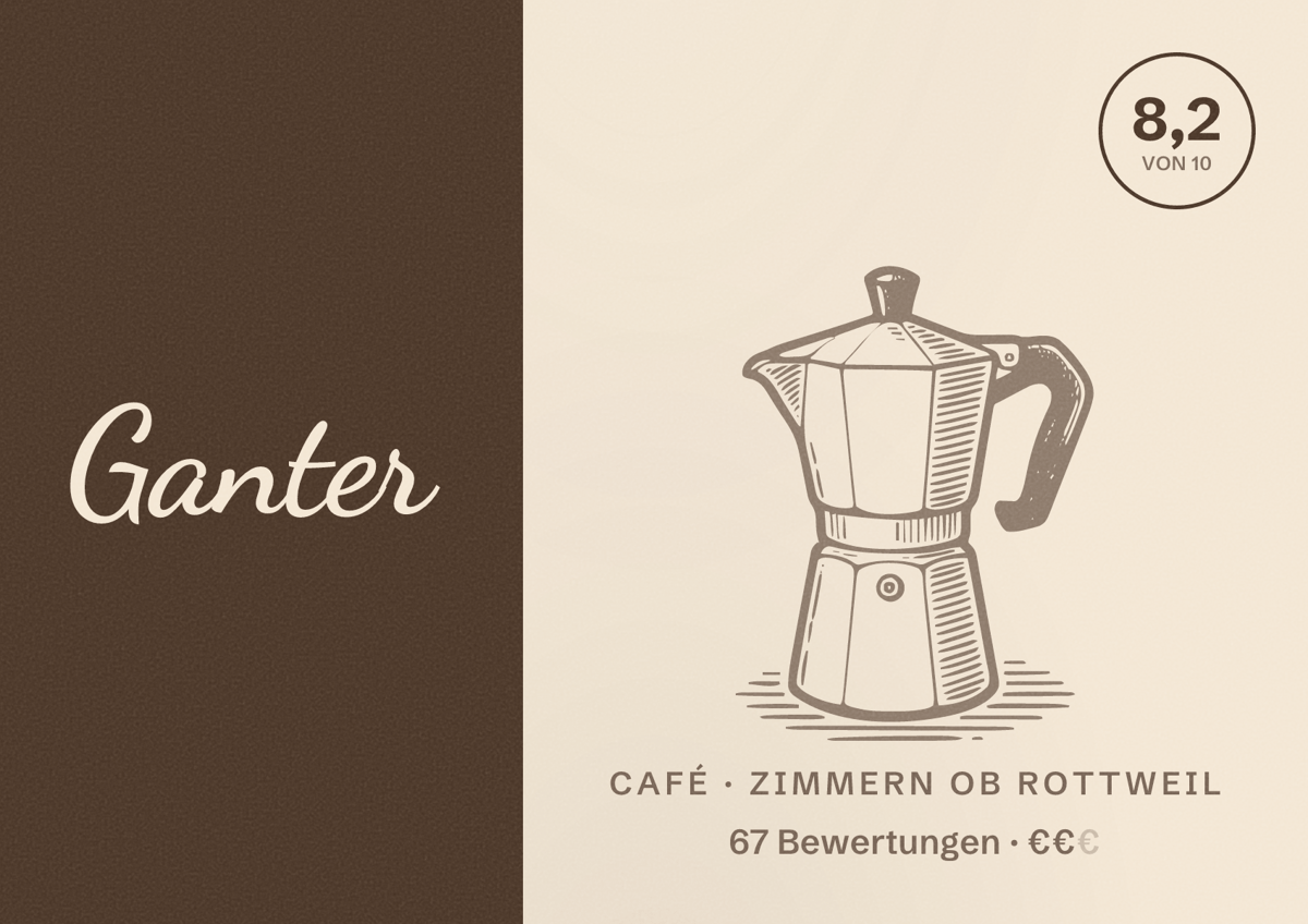 Illustriertes Poster von Ganter, Café in Zimmern ob Rottweil: Bewertung 8,2 von 10 aus 67 Bewertungen, Preisniveau €€