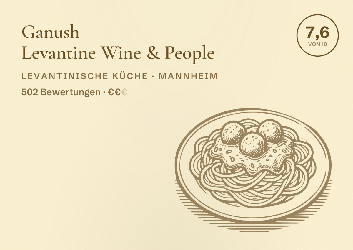 Illustriertes Poster von Ganush Levantine Wine & People, Levantinische Küche in Mannheim: Bewertung 7,6 von 10 aus 502 Bewertungen, Preisniveau €€