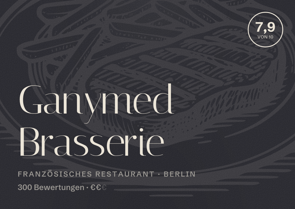 Illustriertes Poster von Ganymed Brasserie, Französisches Restaurant in Berlin: Bewertung 7,9 von 10 aus 300 Bewertungen, Preisniveau €€