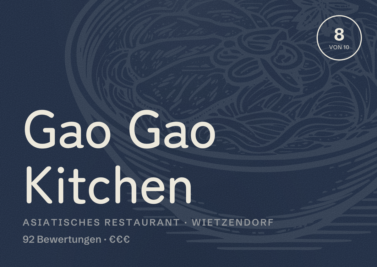 Illustriertes Poster von Gao Gao Kitchen, Asiatisches Restaurant in Wietzendorf: Bewertung 8 von 10 aus 92 Bewertungen, Preisniveau €€€