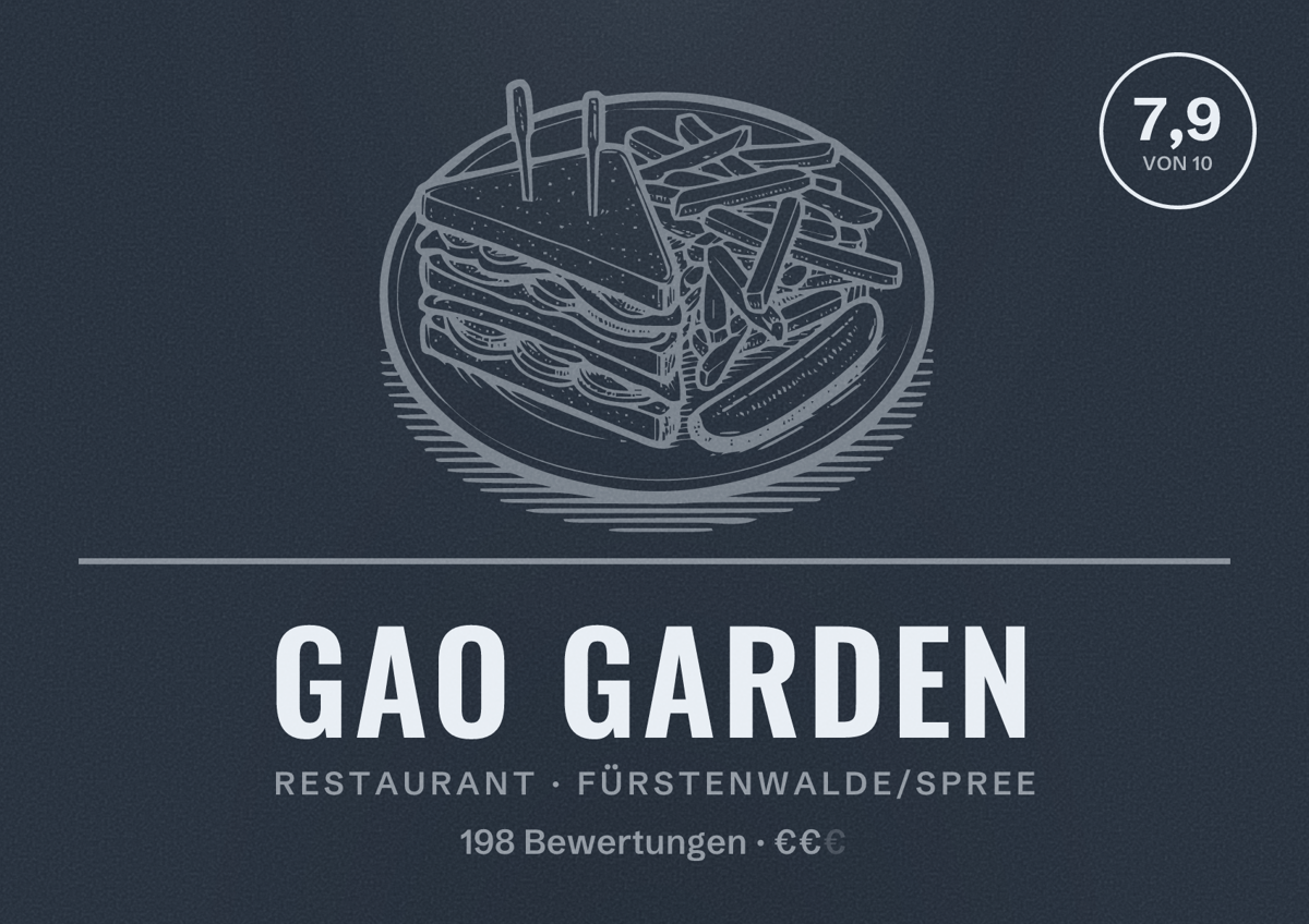 Illustriertes Poster von Gao Garden, Restaurant in Fürstenwalde/Spree: Bewertung 7,9 von 10 aus 198 Bewertungen, Preisniveau €€