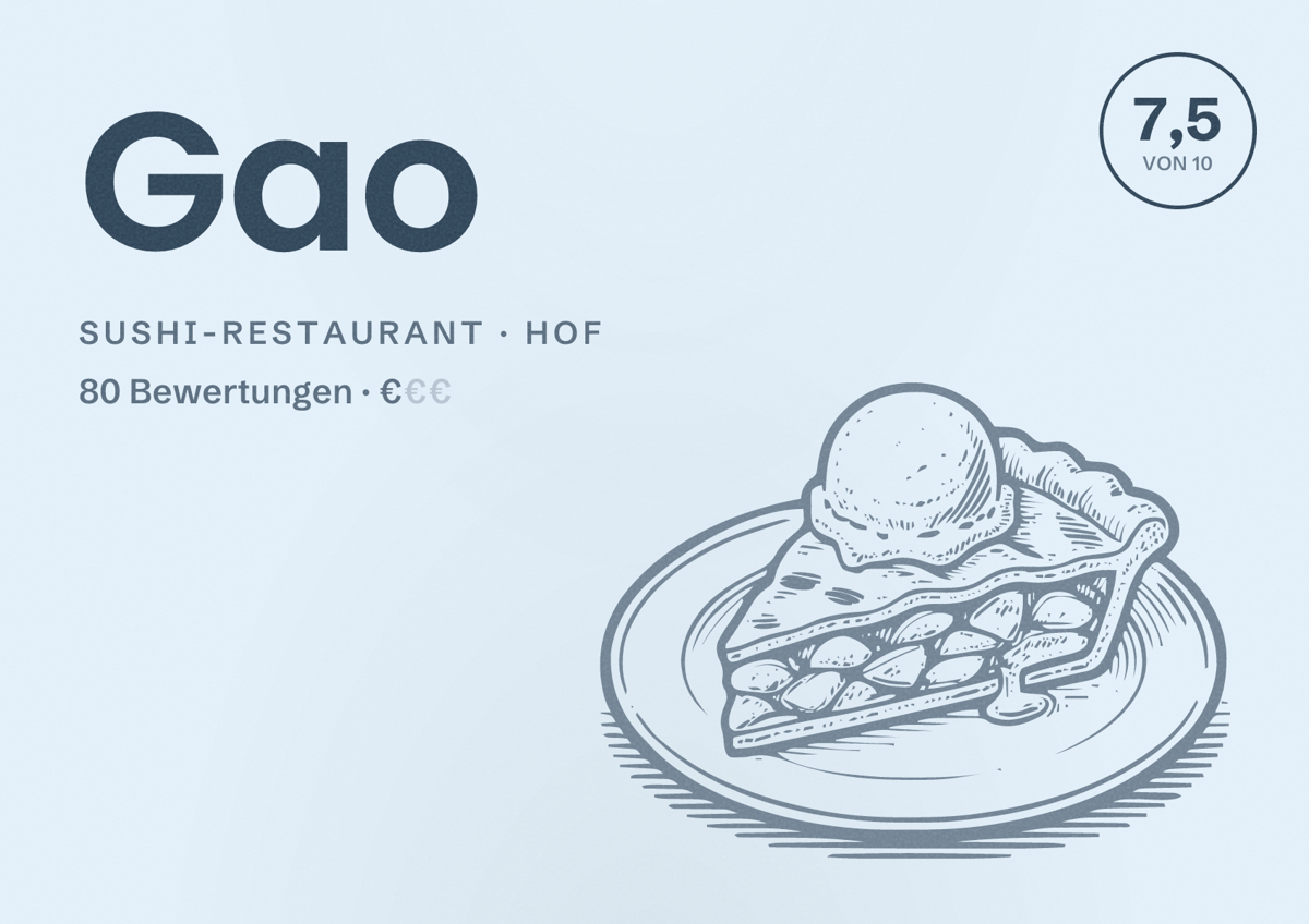 Illustriertes Poster von Gao, Sushi-Restaurant in Hof: Bewertung 7,5 von 10 aus 80 Bewertungen, Preisniveau €
