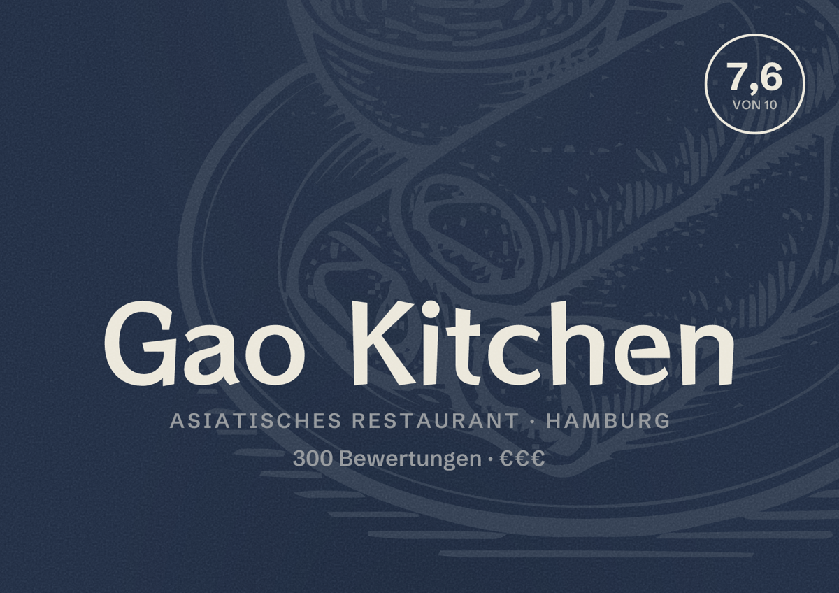 Illustriertes Poster von Gao Kitchen, Asiatisches Restaurant in Hamburg: Bewertung 7,6 von 10 aus 300 Bewertungen, Preisniveau €€€