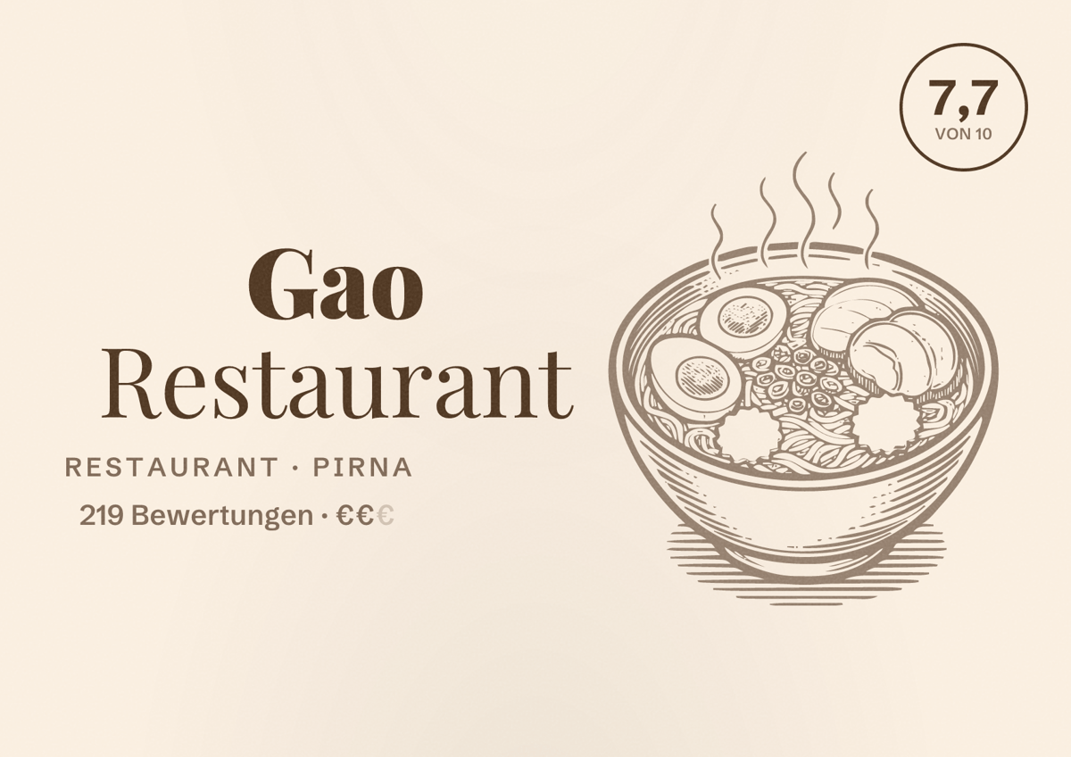 Illustriertes Poster von Gao Restaurant, Restaurant in Pirna: Bewertung 7,7 von 10 aus 219 Bewertungen, Preisniveau €€