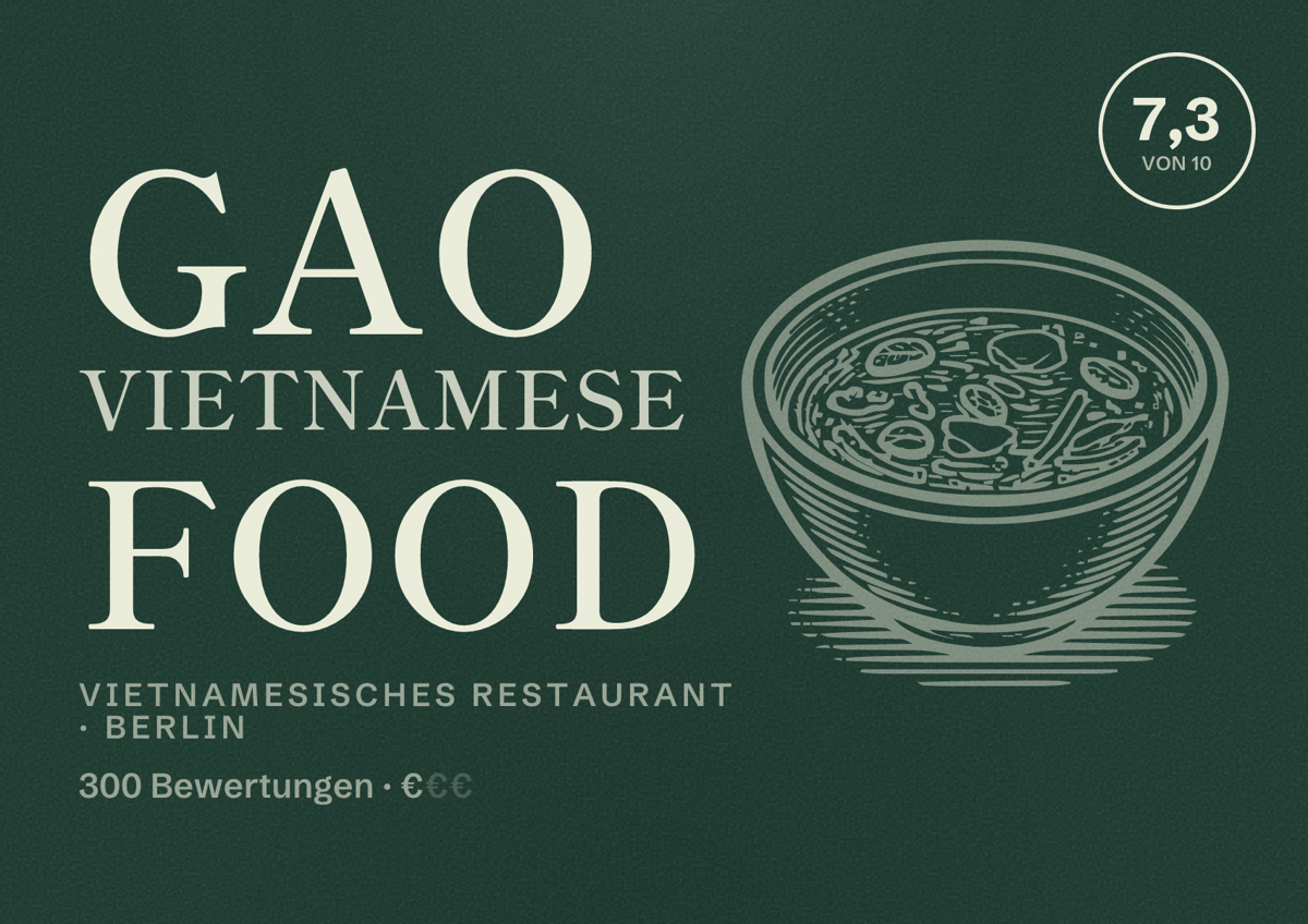 Illustriertes Poster von GAO Vietnamese Food, Vietnamesisches Restaurant in Berlin: Bewertung 7,3 von 10 aus 300 Bewertungen, Preisniveau €