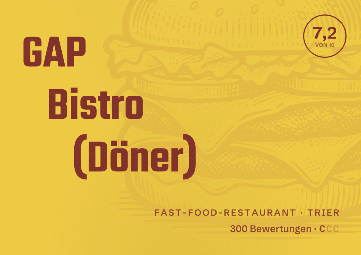 Illustriertes Poster von GAP Bistro (Döner), Fast-Food-Restaurant in Trier: Bewertung 7,2 von 10 aus 300 Bewertungen, Preisniveau €