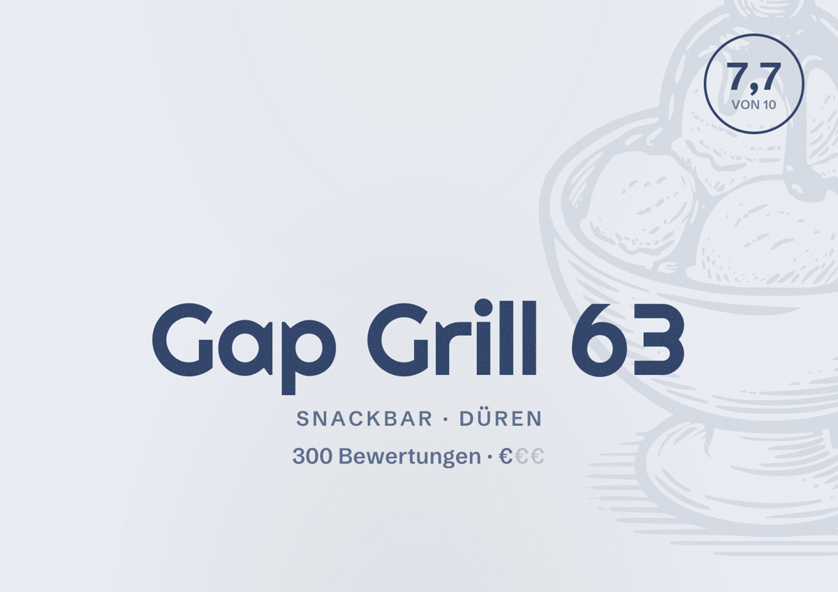 Illustriertes Poster von Gap Grill 63, Snackbar in Düren: Bewertung 7,7 von 10 aus 300 Bewertungen, Preisniveau €