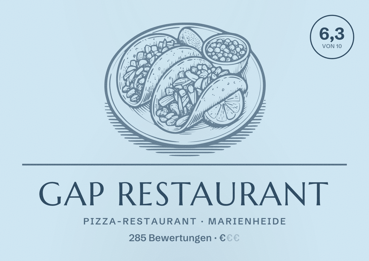 Illustriertes Poster von GAP Restaurant, Pizza-Restaurant in Marienheide: Bewertung 6,3 von 10 aus 285 Bewertungen, Preisniveau €