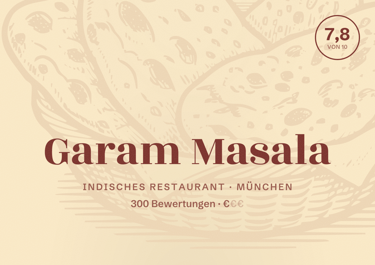Illustriertes Poster von Garam Masala, Indisches Restaurant in München: Bewertung 7,8 von 10 aus 300 Bewertungen, Preisniveau €