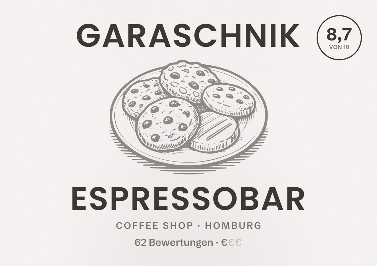 Illustriertes Poster von Garaschnik Espressobar, Coffee Shop in Homburg: Bewertung 8,7 von 10 aus 62 Bewertungen, Preisniveau €
