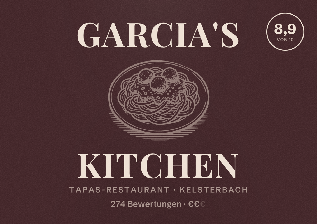 Illustriertes Poster von Garcia's Kitchen, Tapas-Restaurant in Kelsterbach: Bewertung 8,9 von 10 aus 274 Bewertungen, Preisniveau €€
